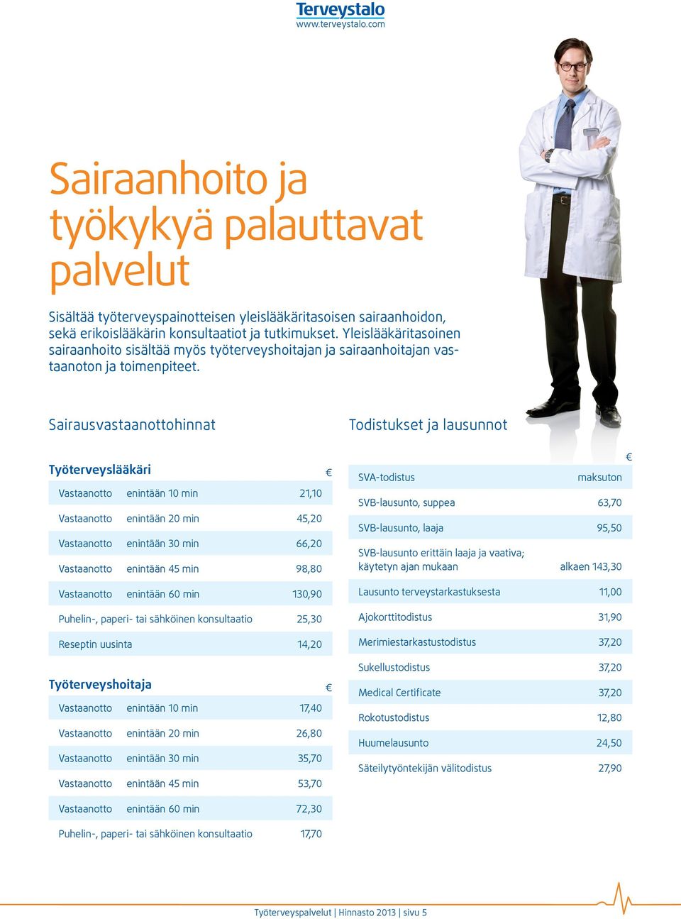 Sairausvastaanottohinnat Työterveyslääkäri Vastaanotto enintään 10 min 21,10 Vastaanotto enintään 20 min 45,20 Vastaanotto enintään 30 min 66,20 Vastaanotto enintään 45 min 98,80 Vastaanotto enintään