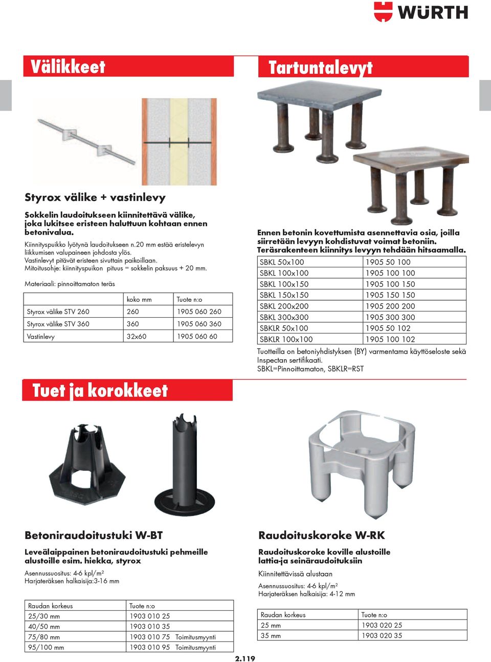 Materiaali: pinnoittamaton teräs koko Styrox välike STV 260 260 1905 060 260 Styrox välike STV 360 360 1905 060 360 Vastinlevy 32x60 1905 060 60 Tuet ja korokkeet Ennen betonin kovettumista