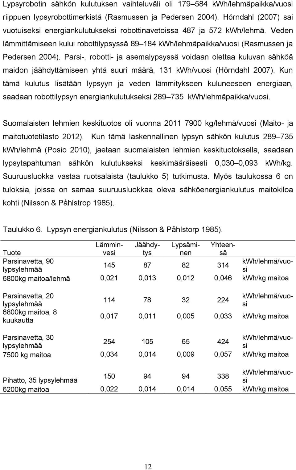 Parsi-, robotti- ja asemalypsyssä voidaan olettaa kuluvan sähköä maidon jäähdyttämiseen yhtä suuri määrä, 131 kwh/vuosi (Hörndahl 2007).