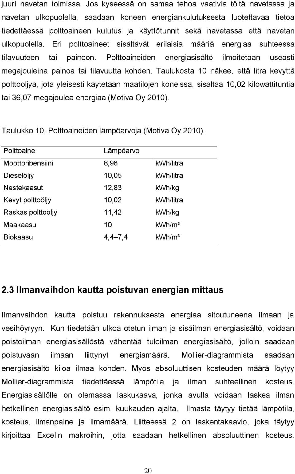 että navetan ulkopuolella. Eri polttoaineet sisältävät erilaisia määriä energiaa suhteessa tilavuuteen tai painoon.