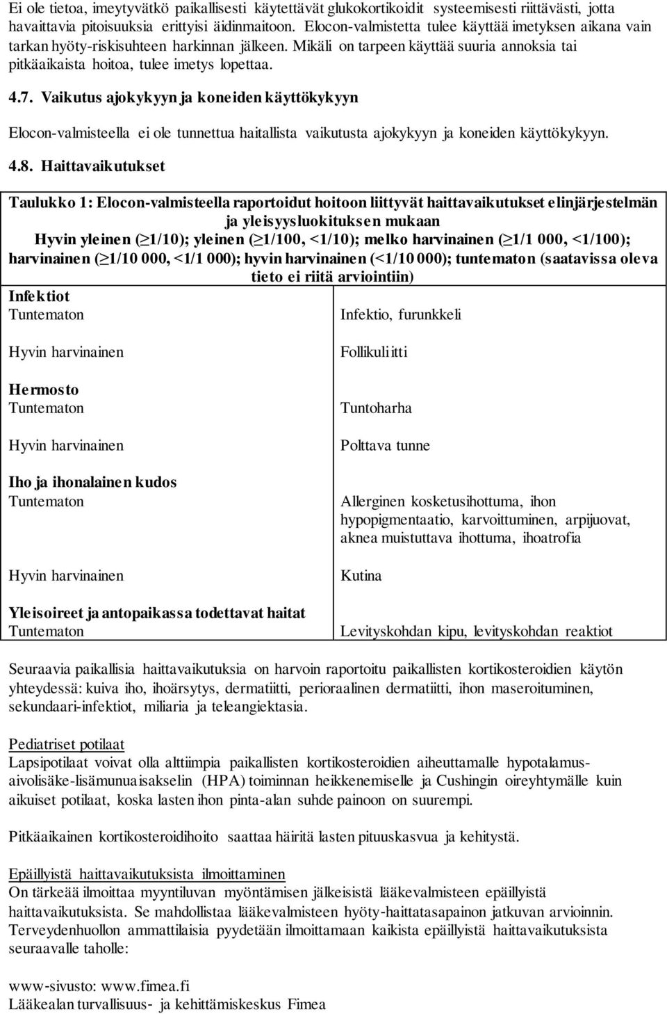 Vaikutus ajokykyyn ja koneiden käyttökykyyn Elocon-valmisteella ei ole tunnettua haitallista vaikutusta ajokykyyn ja koneiden käyttökykyyn. 4.8.