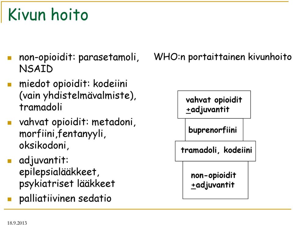 adjuvantit: epilepsialääkkeet, psykiatriset lääkkeet palliatiivinen sedatio WHO:n