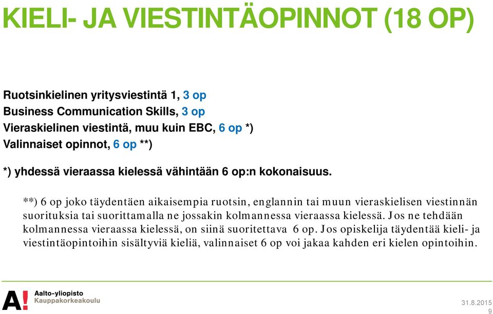 **) 6 op joko täydentäen aikaisempia ruotsin, englannin tai muun vieraskielisen viestinnän suorituksia tai suorittamalla ne jossakin kolmannessa vieraassa