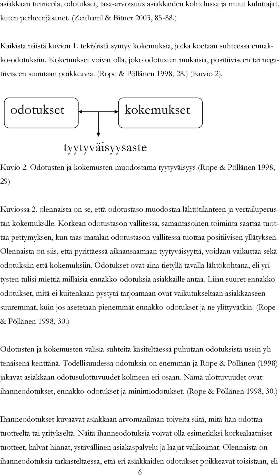 (Rope & Pöllänen 1998, 28.) (Kuvio 2). odotukset kokemukset tyytyväisyysaste Kuvio 2. Odotusten ja kokemusten muodostama tyytyväisyys (Rope & Pöllänen 1998, 29) Kuviossa 2.