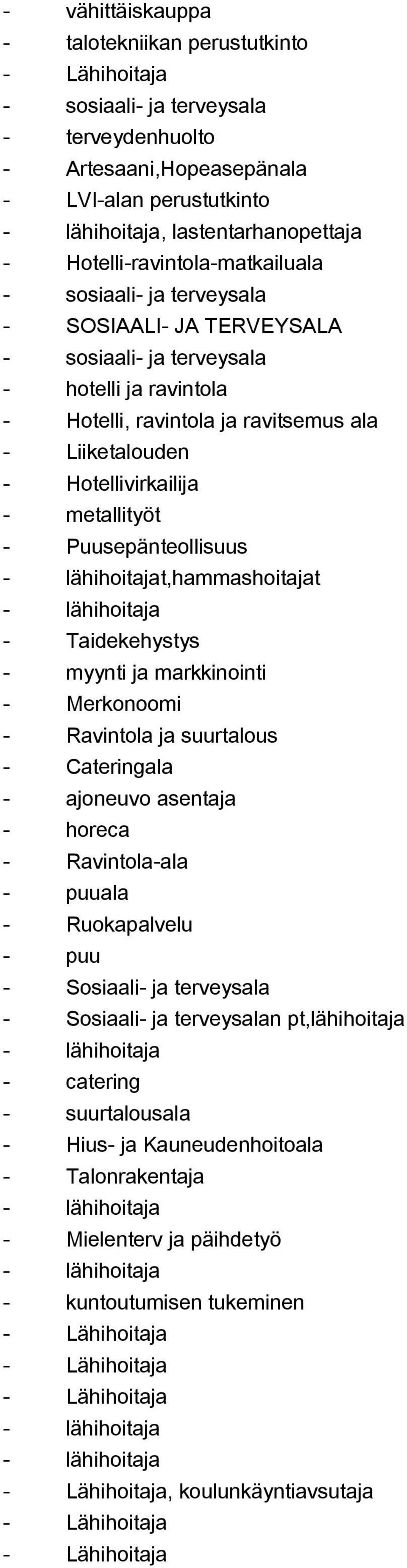 Puusepänteollisuus t,hammashoitajat Taidekehystys myynti ja markkinointi Merkonoomi Ravintola ja suurtalous Cateringala ajoneuvo asentaja horeca Ravintolaala puuala Ruokapalvelu