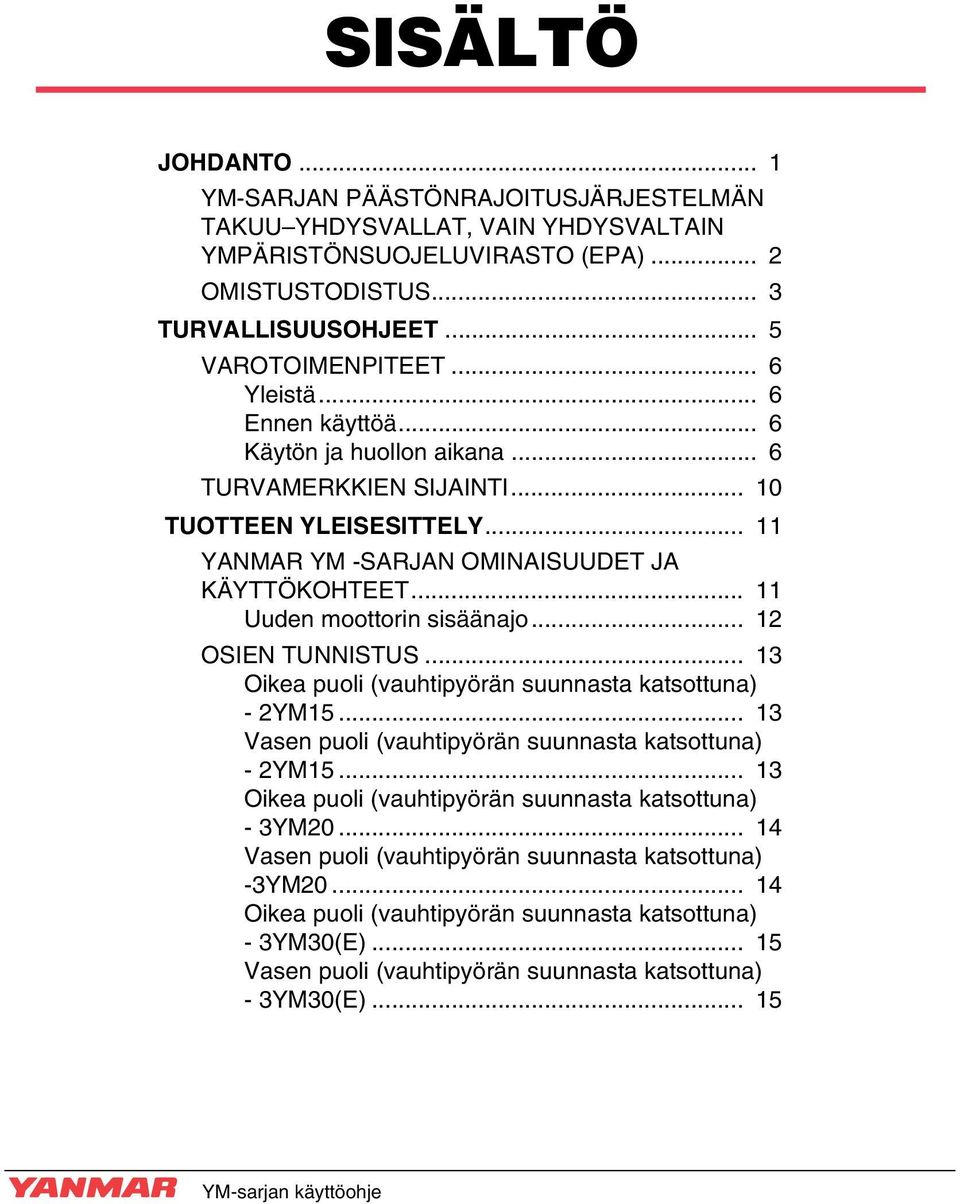 .. 11 Uuden moottorin sisäänajo... 12 OSIEN TUNNISTUS... 13 Oikea puoli (vauhtipyörän suunnasta katsottuna) - 2YM15... 13 Vasen puoli (vauhtipyörän suunnasta katsottuna) - 2YM15.