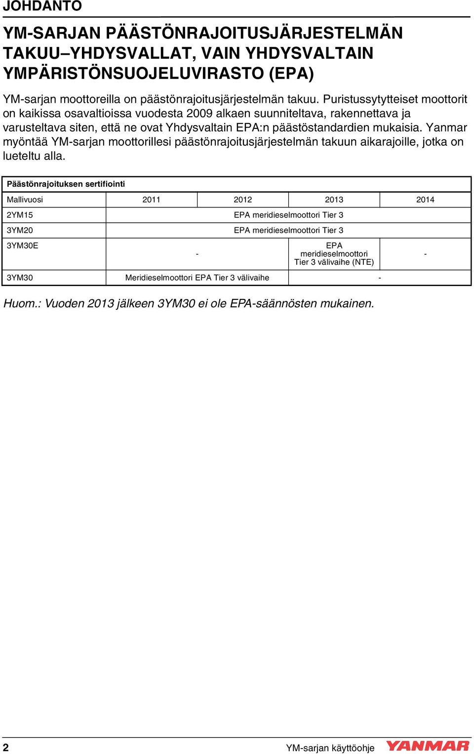 Yanmar myöntää YM-sarjan moottorillesi päästönrajoitusjärjestelmän takuun aikarajoille, jotka on lueteltu alla.