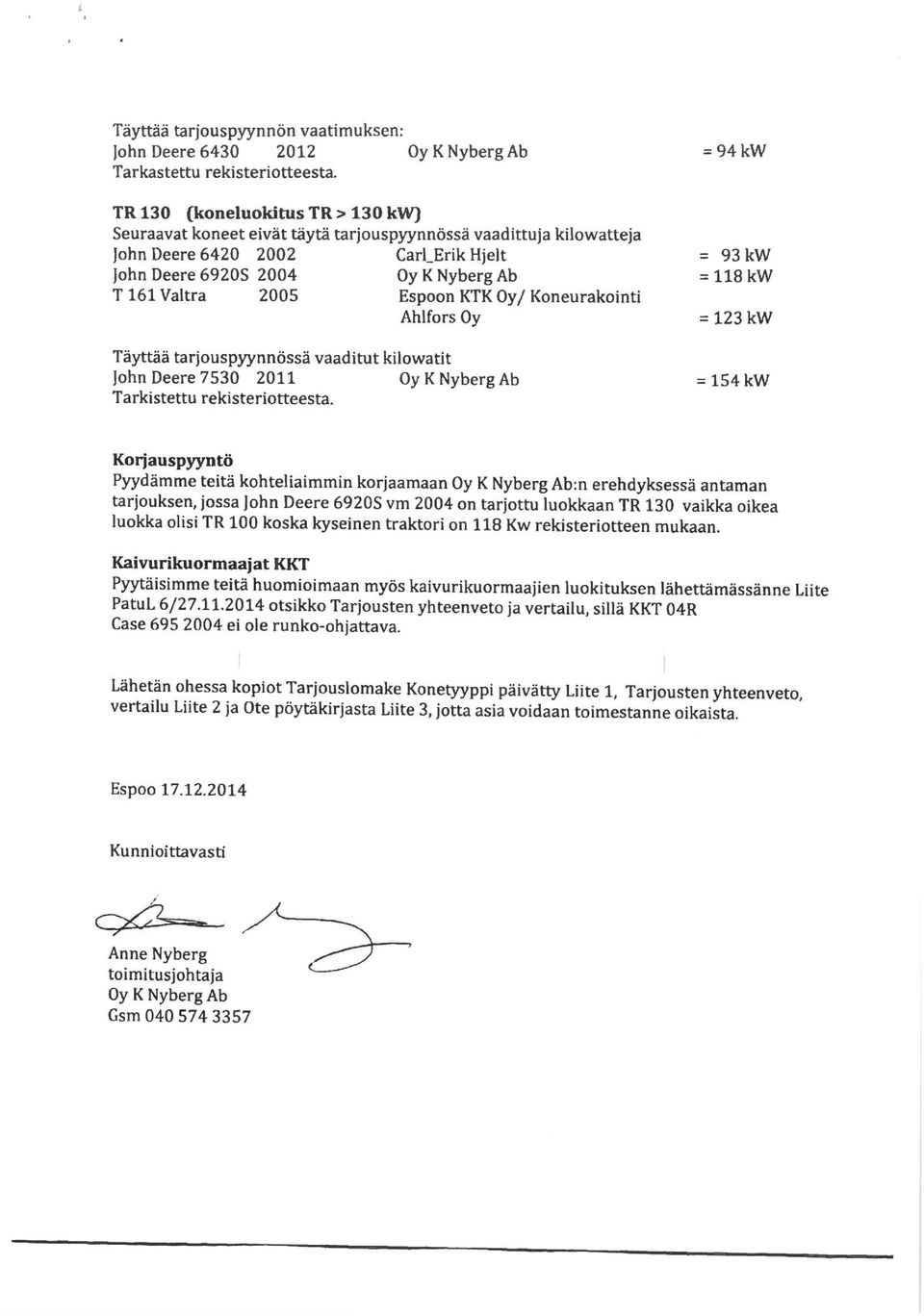 Valtra 2005 Espoon KTK Oy/ Koneurakointi Ahlfors Oy = 123 kw Täyttää tarjouspyynnössä vaaditut kilowatit John Deere 7530 2011 Oy K Nyberg Ab =154kW Tarkistettu rekisteriotteesta.