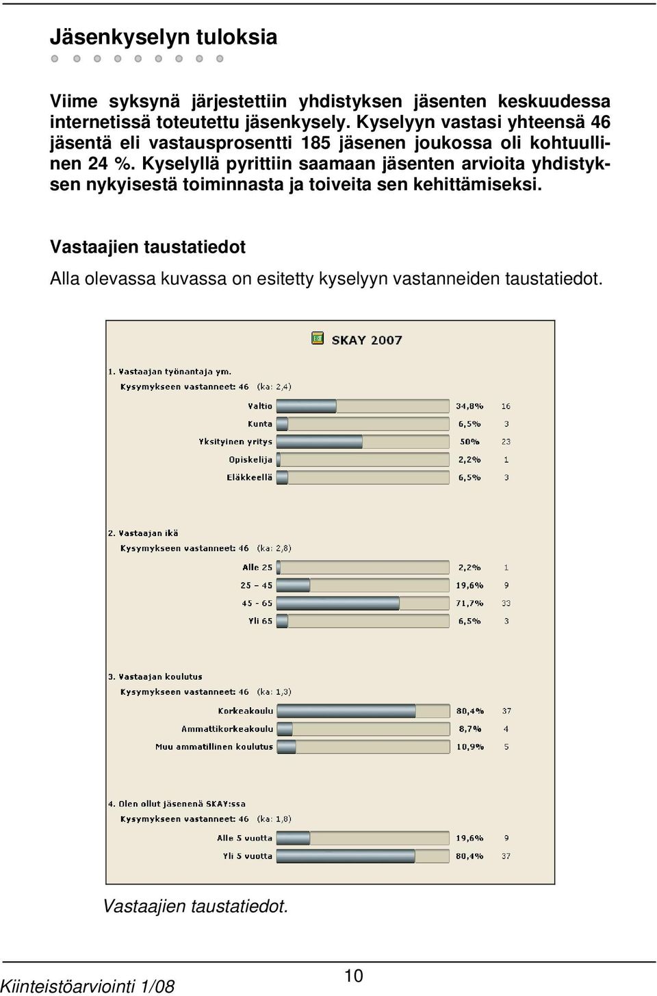 Kyselyllä pyrittiin saamaan jäsenten arvioita yhdistyksen nykyisestä toiminnasta ja toiveita sen kehittämiseksi.