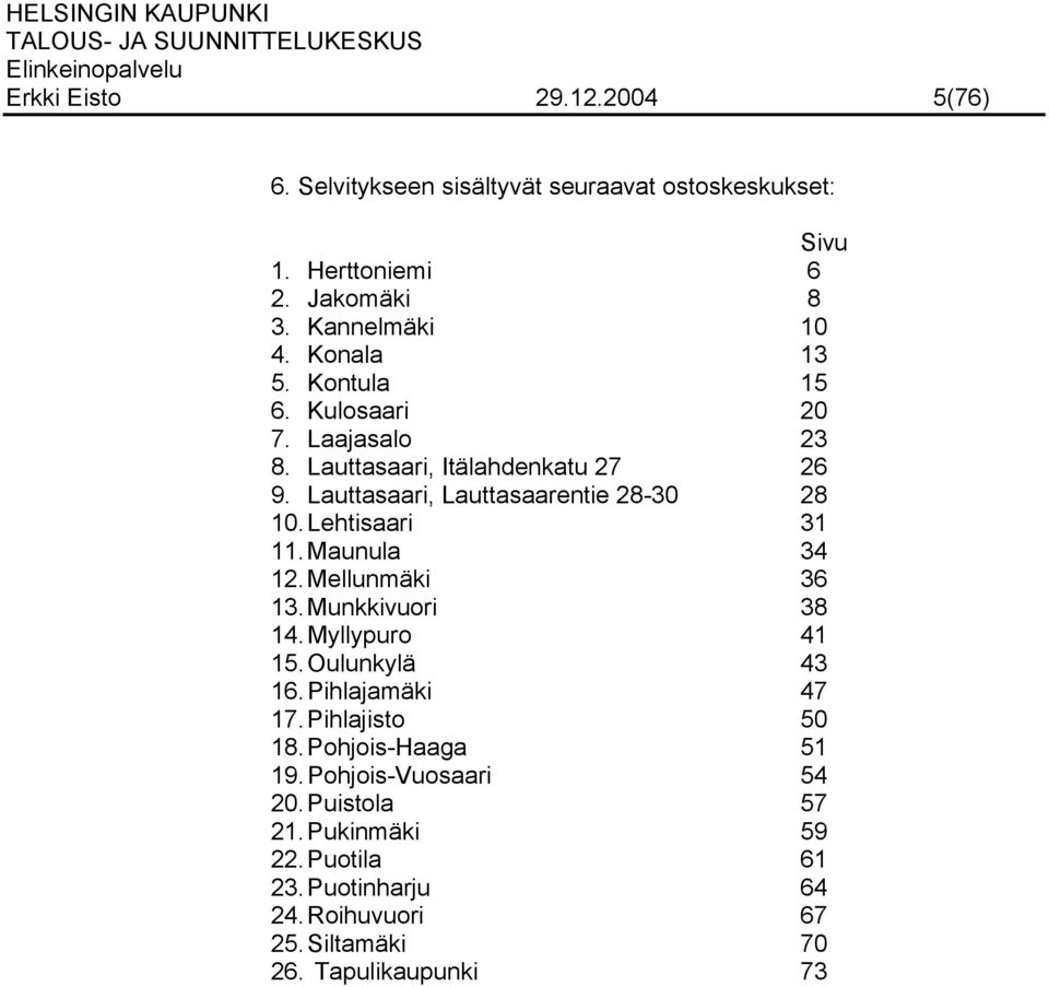 Lehtisaari 31 11. Maunula 34 12. Mellunmäki 36 13. Munkkivuori 38 14. Myllypuro 41 15. Oulunkylä 43 16. Pihlajamäki 47 17. Pihlajisto 50 18.