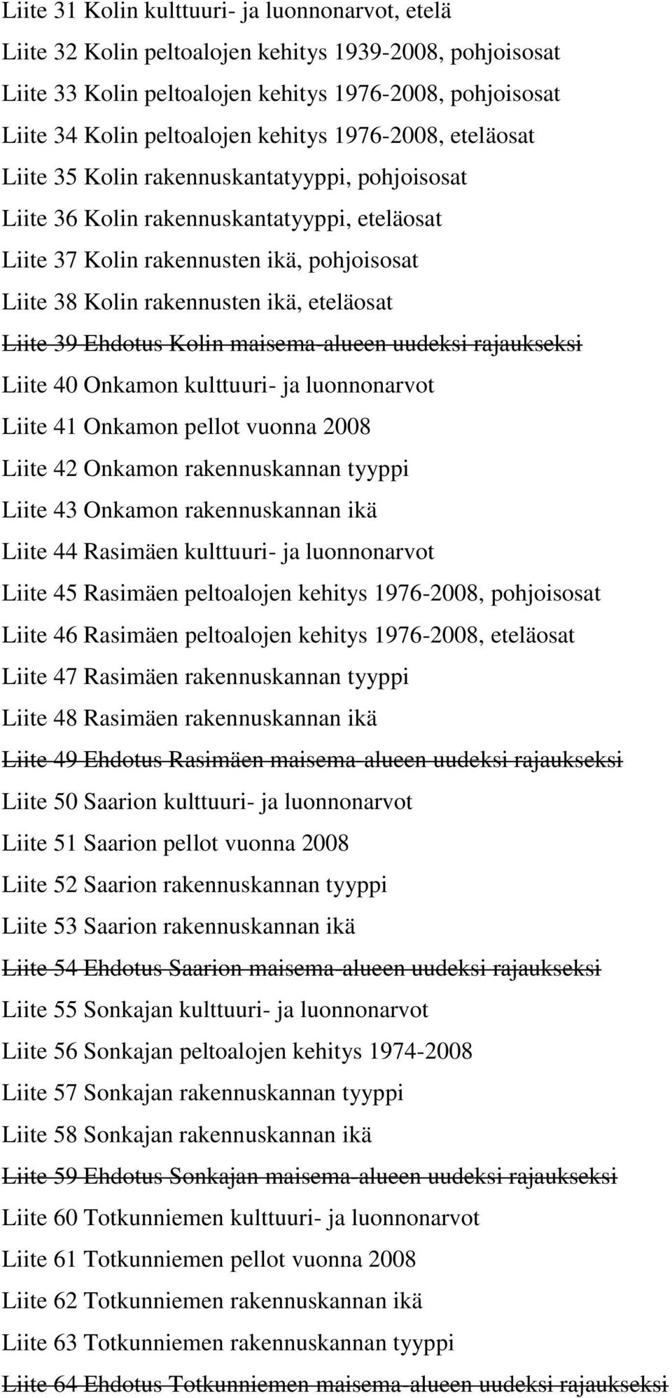 eteläosat Liite 39 Ehdotus Kolin maisema-alueen uudeksi rajaukseksi Liite 40 Onkamon kulttuuri- ja luonnonarvot Liite 41 Onkamon pellot vuonna 2008 Liite 42 Onkamon rakennuskannan tyyppi Liite 43