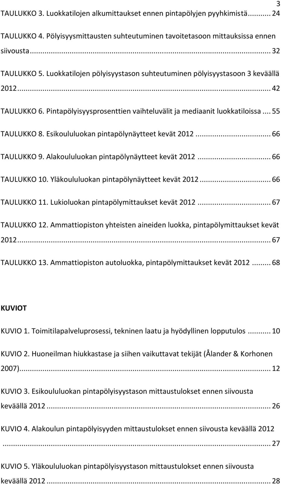 Esikoululuokan pintapölynäytteet kevät 2012... 66 TAULUKKO 9. Alakoululuokan pintapölynäytteet kevät 2012... 66 TAULUKKO 10. Yläkoululuokan pintapölynäytteet kevät 2012... 66 TAULUKKO 11.