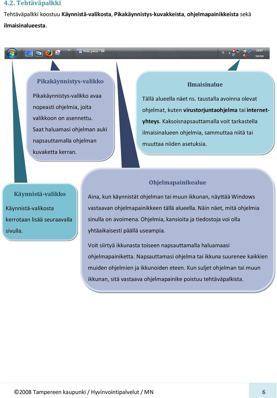 Ilmaisinalue Tällä alueella näet ns. taustalla avoinna olevat ohjelmat, kuten virustorjuntaohjelma tai internetyhteys.