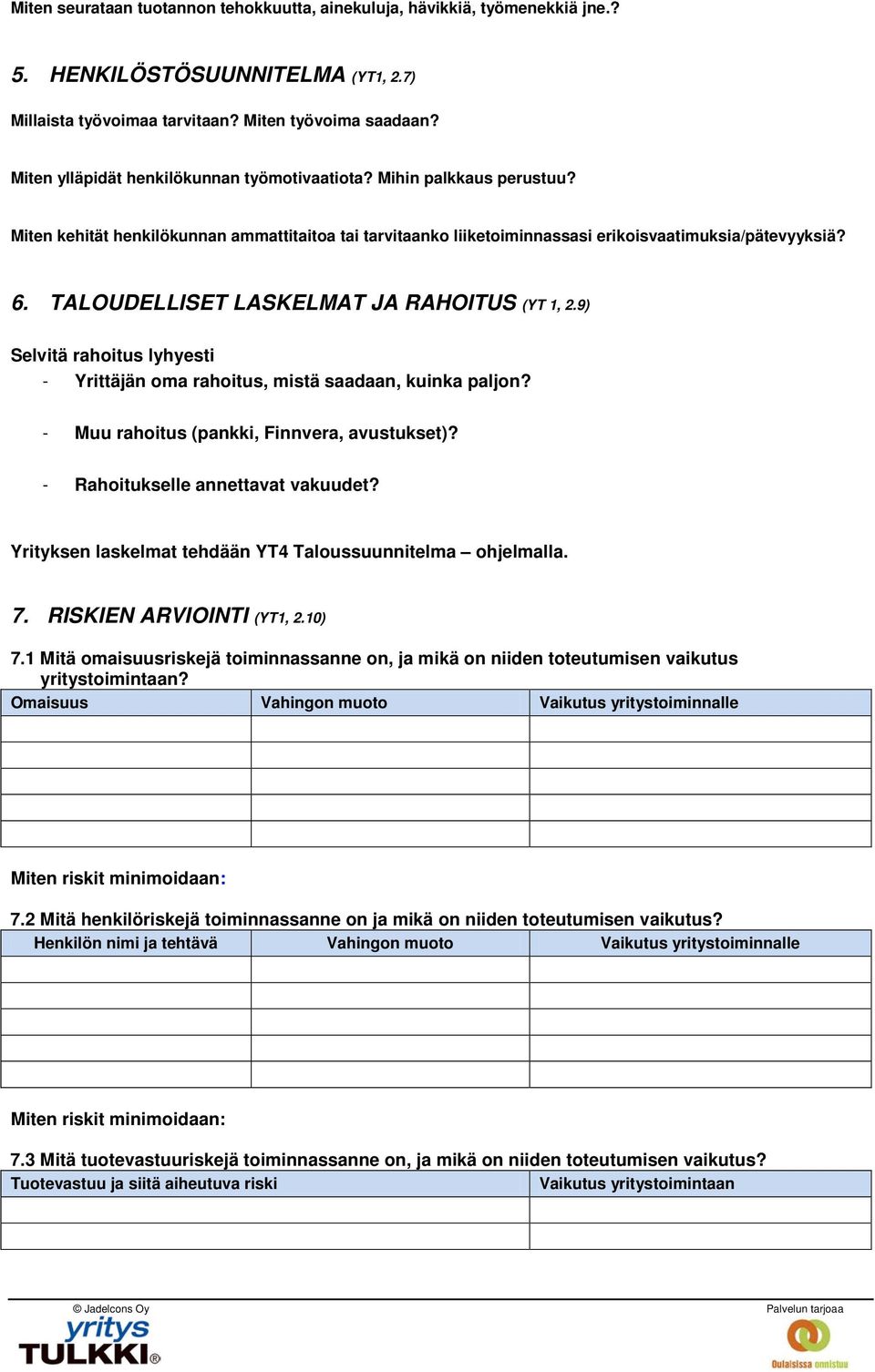 TALOUDELLISET LASKELMAT JA RAHOITUS (YT 1, 2.9) Selvitä rahoitus lyhyesti - Yrittäjän oma rahoitus, mistä saadaan, kuinka paljon? - Muu rahoitus (pankki, Finnvera, avustukset)?