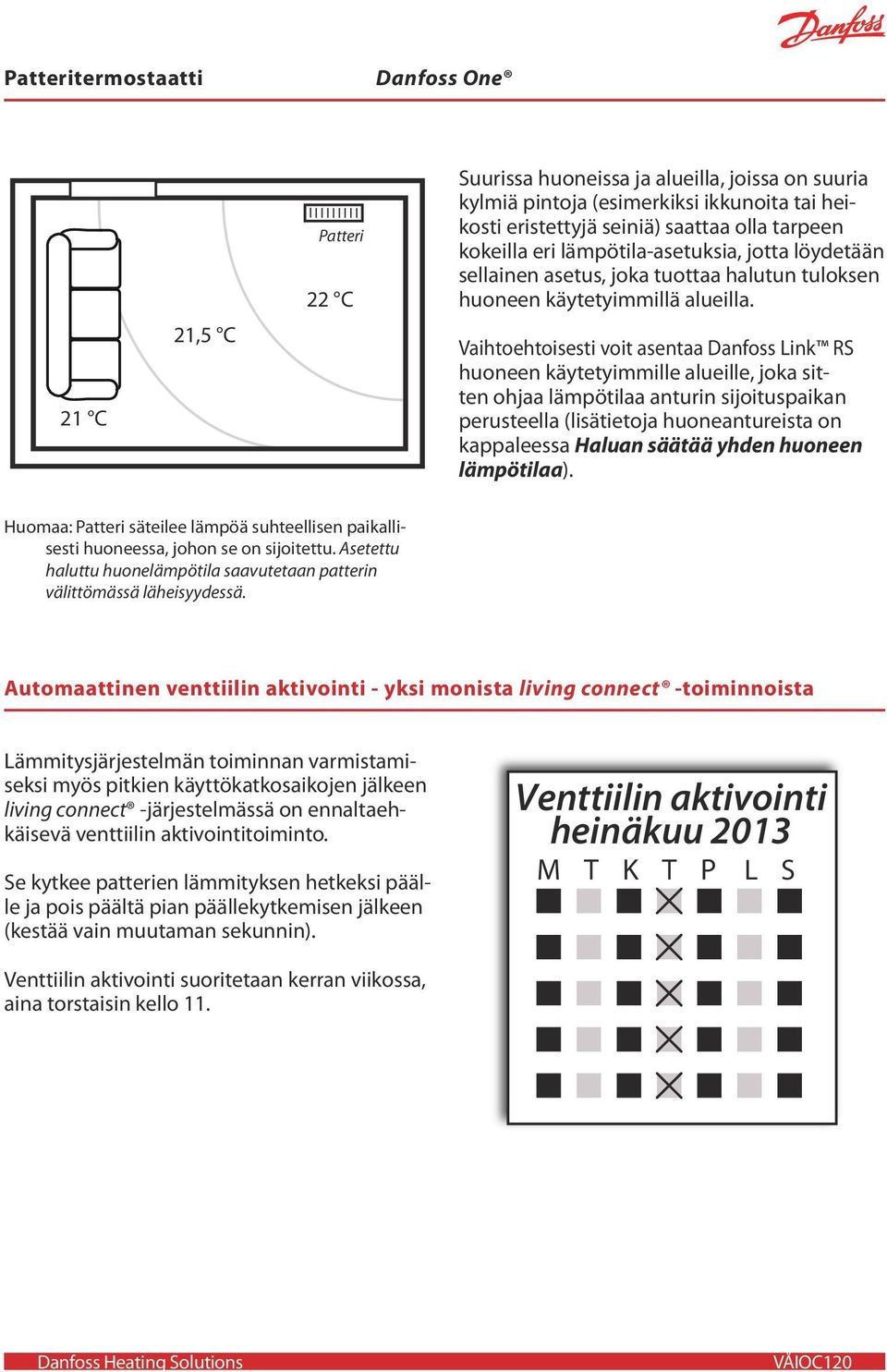 Vaihtoehtoisesti voit asentaa Danfoss Link RS huoneen käytetyimmille alueille, joka sitten ohjaa lämpötilaa anturin sijoituspaikan perusteella (lisätietoja huoneantureista on kappaleessa Haluan