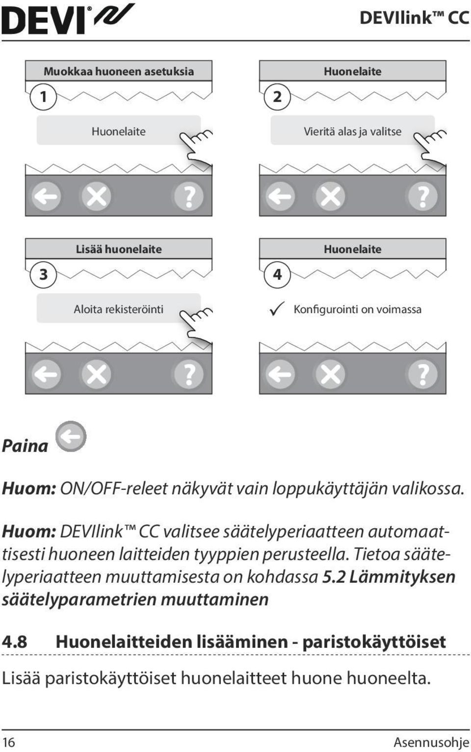 Huom: DEVIlink CC valitsee säätelyperiaatteen automaattisesti huoneen laitteiden tyyppien perusteella.