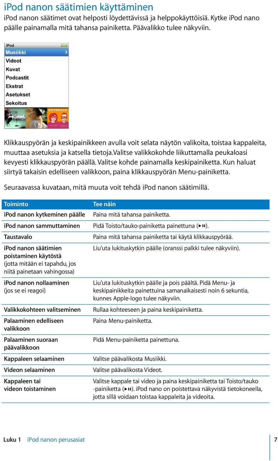 valitse valikkokohde liikuttamalla peukaloasi kevyesti klikkauspyörän päällä. Valitse kohde painamalla keskipainiketta.