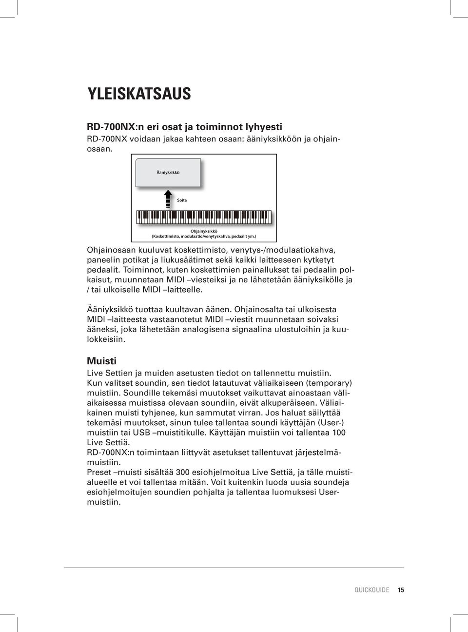 Toiminnot, kuten koskettimien painallukset tai pedaalin polkaisut, muunnetaan MIDI viesteiksi ja ne lähetetään ääniyksikölle ja / tai ulkoiselle MIDI laitteelle. Ääniyksikkö tuottaa kuultavan äänen.