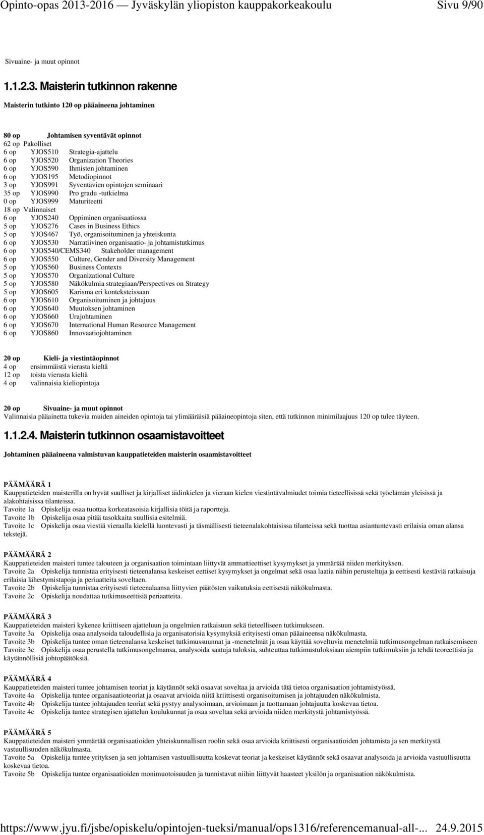 op YJOS590 Ihmisten johtaminen 6 op YJOS195 Metodiopinnot 3 op YJOS991 Syventävien opintojen seminaari 35 op YJOS990 Pro gradu -tutkielma 0 op YJOS999 Maturiteetti 18 op Valinnaiset 6 op YJOS240