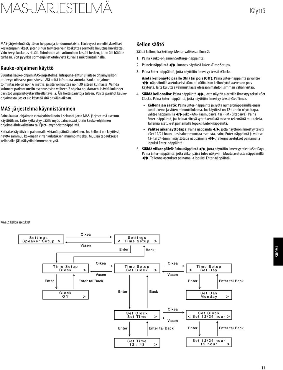 Kauko-ohjaimen käyttö Suuntaa kauko-ohjain MAS-järjestelmä. Infrapuna-anturi sijaitsee ohjainyksikön etulevyn oikeassa puoliskossa. Älä peitä infrapuna-anturia.