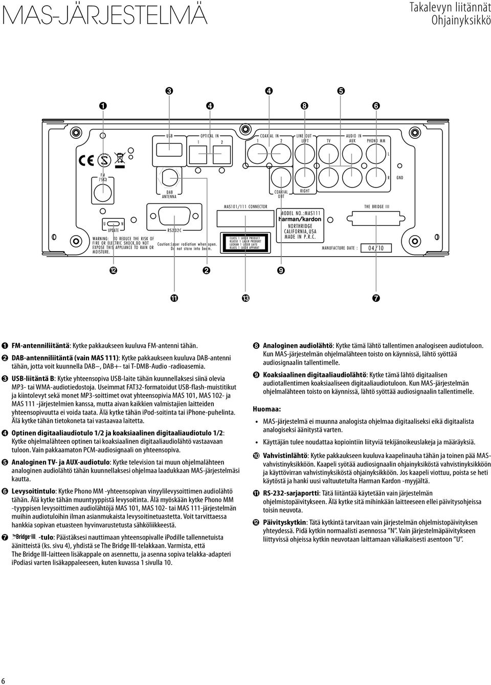 2 USB-liitäntä B: Kytke yhteensopiva USB-laite tähän kuunnellaksesi siinä olevia MP3- tai WMA-audiotiedostoja.