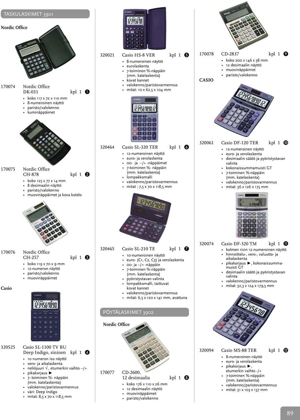 katelaskenta) kovat kannet valokenno/paristovarmennus mitat: 10 x 62,5 x 104 mm 170078 CD-2837 kpl 1 9 CASIO koko 200 x 146 x 38 mm 12 desimaalin näyttö muovinäppäimet paristo/valokenno 170075 Nordic