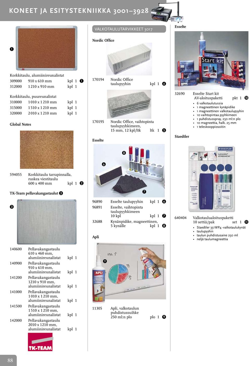 taulupyyhkimeen, 15 mm, 12 kpl/ltk ltk 1 5 Esselte 32690 Esselte Start kit AV-aloituspaketti pkt 1 J 6 valkotaulutussia 1 magneettinen kynäpidike 1 magneettinen valkotaulupyyhin 10 vaihtopintaa