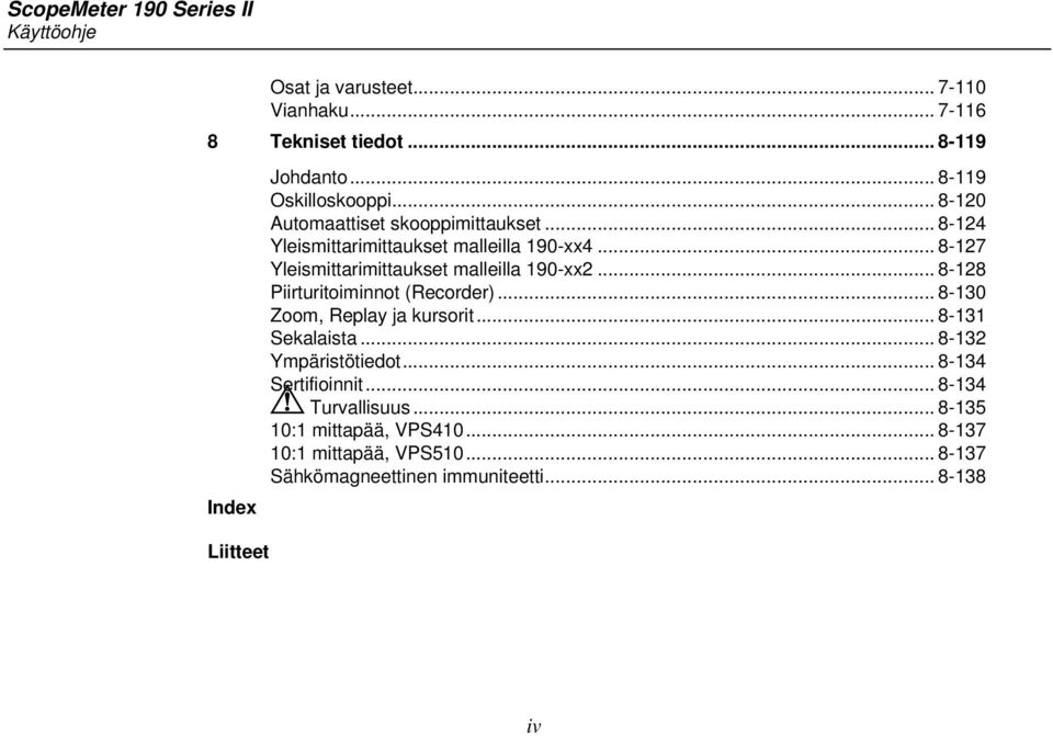 .. 8-127 Yleismittarimittaukset malleilla 190-xx2... 8-128 Piirturitoiminnot (Recorder)... 8-130 Zoom, Replay ja kursorit... 8-131 Sekalaista.