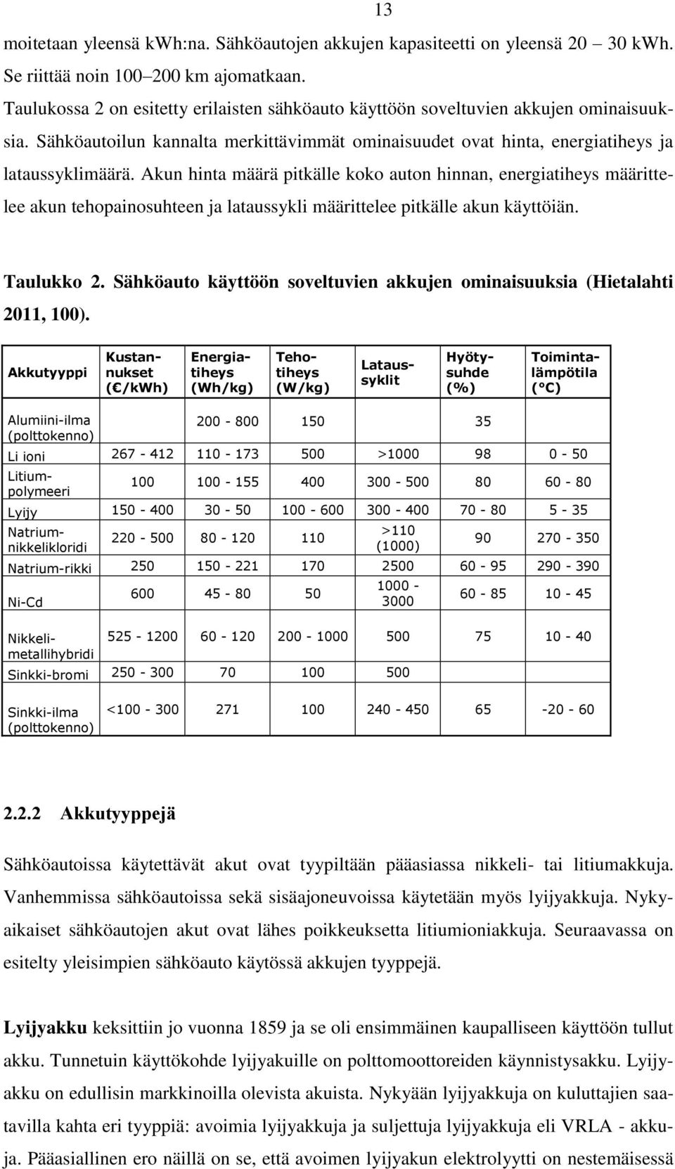 Akun hinta määrä pitkälle koko auton hinnan, energiatiheys määrittelee akun tehopainosuhteen ja lataussykli määrittelee pitkälle akun käyttöiän. Taulukko 2.