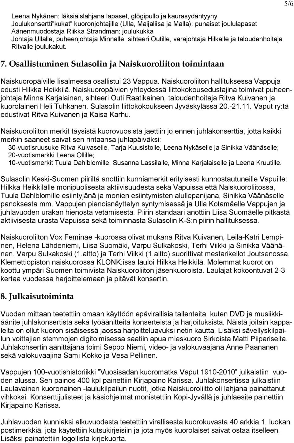 Osallistuminen Sulasolin ja Naiskuoroliiton toimintaan Naiskuoropäiville Iisalmessa osallistui 23 Vappua. Naiskuoroliiton hallituksessa Vappuja edusti Hilkka Heikkilä.