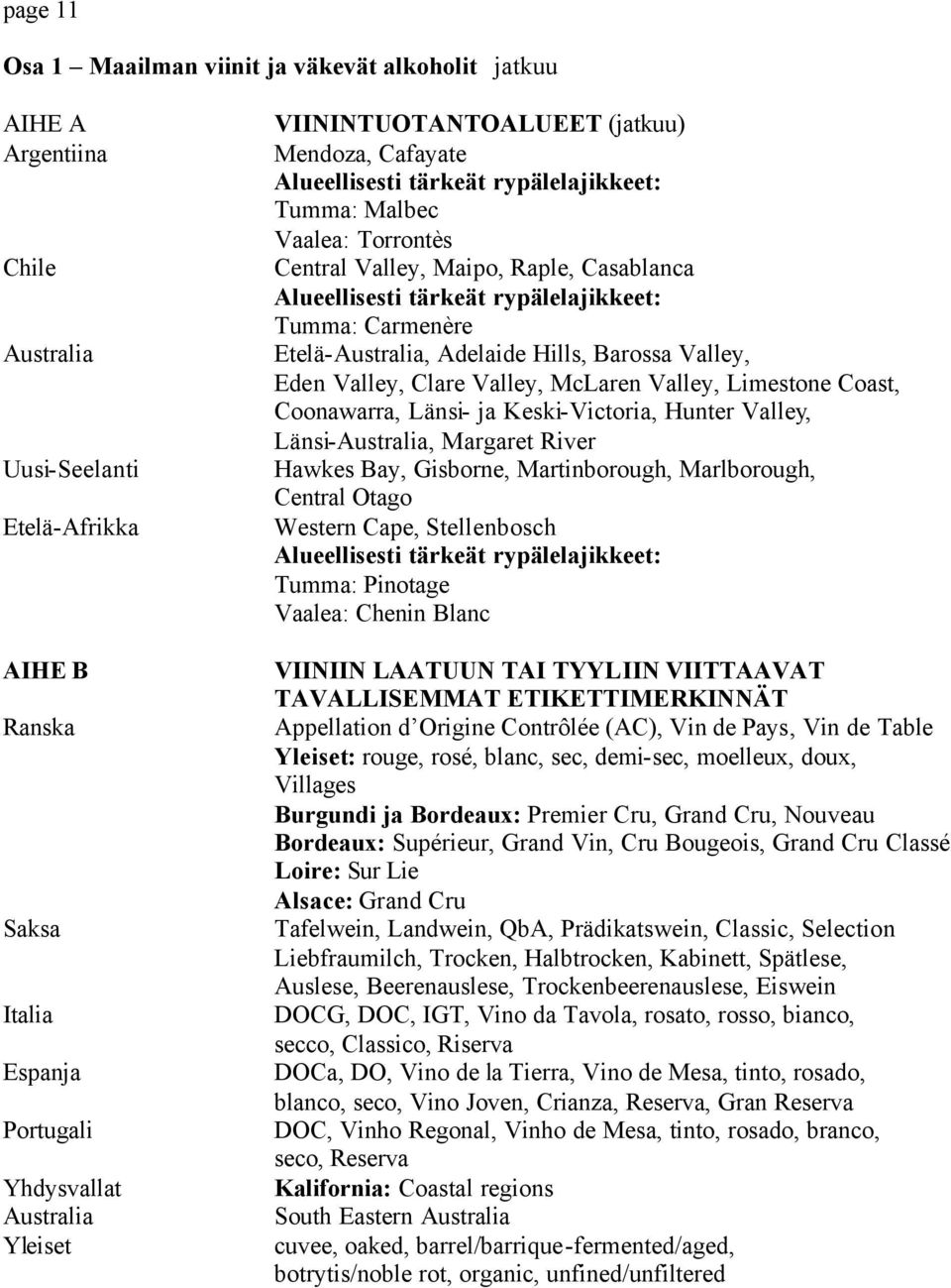 Tumma: Carmenère Etelä-Australia, Adelaide Hills, Barossa Valley, Eden Valley, Clare Valley, McLaren Valley, Limestone Coast, Coonawarra, Länsi- ja Keski-Victoria, Hunter Valley, Länsi-Australia,