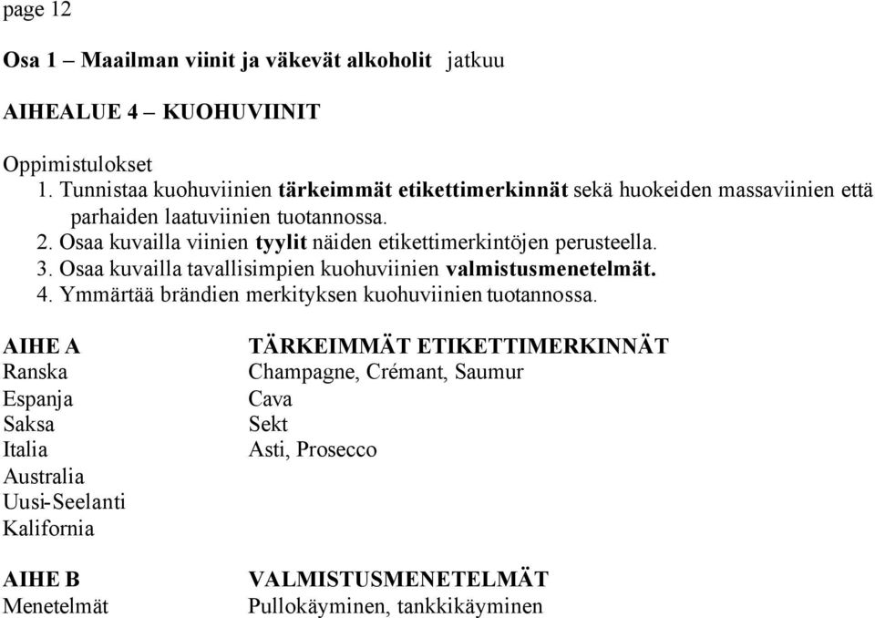 Osaa kuvailla viinien tyylit näiden etikettimerkintöjen perusteella. 3. Osaa kuvailla tavallisimpien kuohuviinien valmistusmenetelmät. 4.