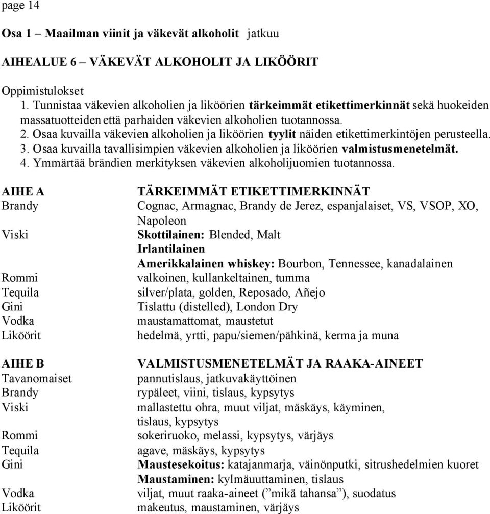 Osaa kuvailla väkevien alkoholien ja liköörien tyylit näiden etikettimerkintöjen perusteella. 3. Osaa kuvailla tavallisimpien väkevien alkoholien ja liköörien valmistusmenetelmät. 4.