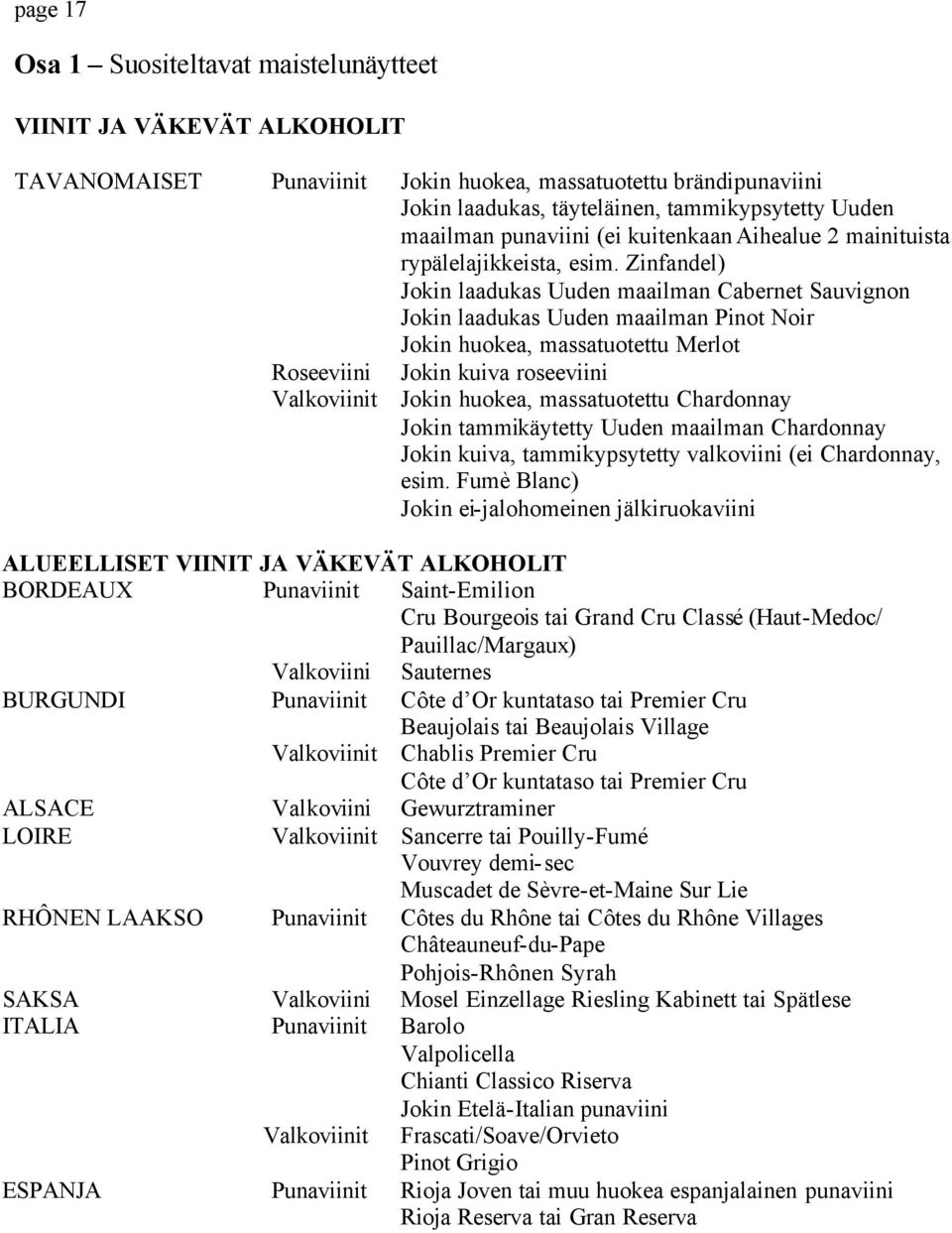 Zinfandel) Jokin laadukas Uuden maailman Cabernet Sauvignon Jokin laadukas Uuden maailman Pinot Noir Jokin huokea, massatuotettu Merlot Roseeviini Jokin kuiva roseeviini Valkoviinit Jokin huokea,