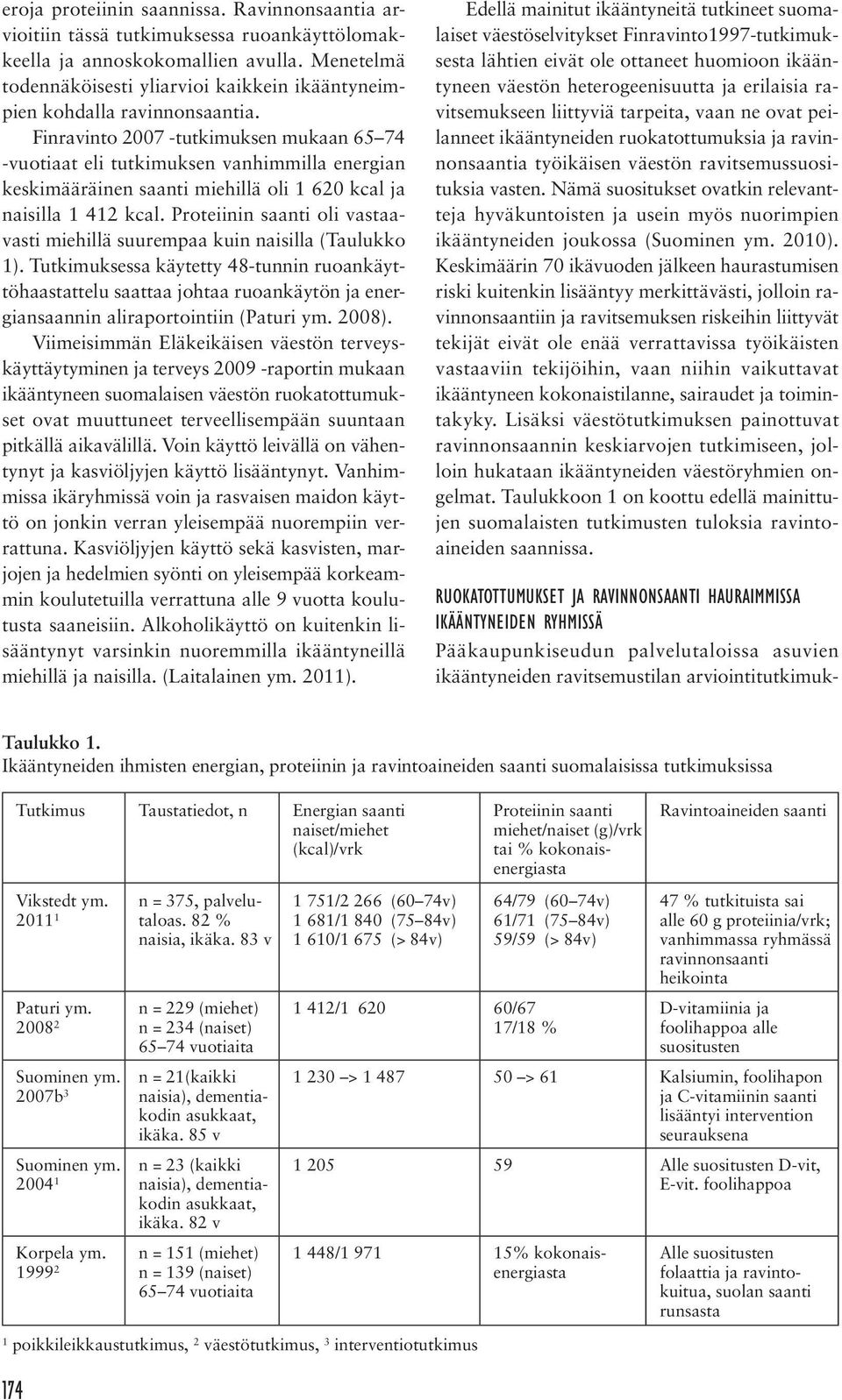 Finravinto 2007 -tutkimuksen mukaan 65 74 -vuotiaat eli tutkimuksen vanhimmilla energian keskimääräinen saanti miehillä oli 1 620 kcal ja naisilla 1 412 kcal.