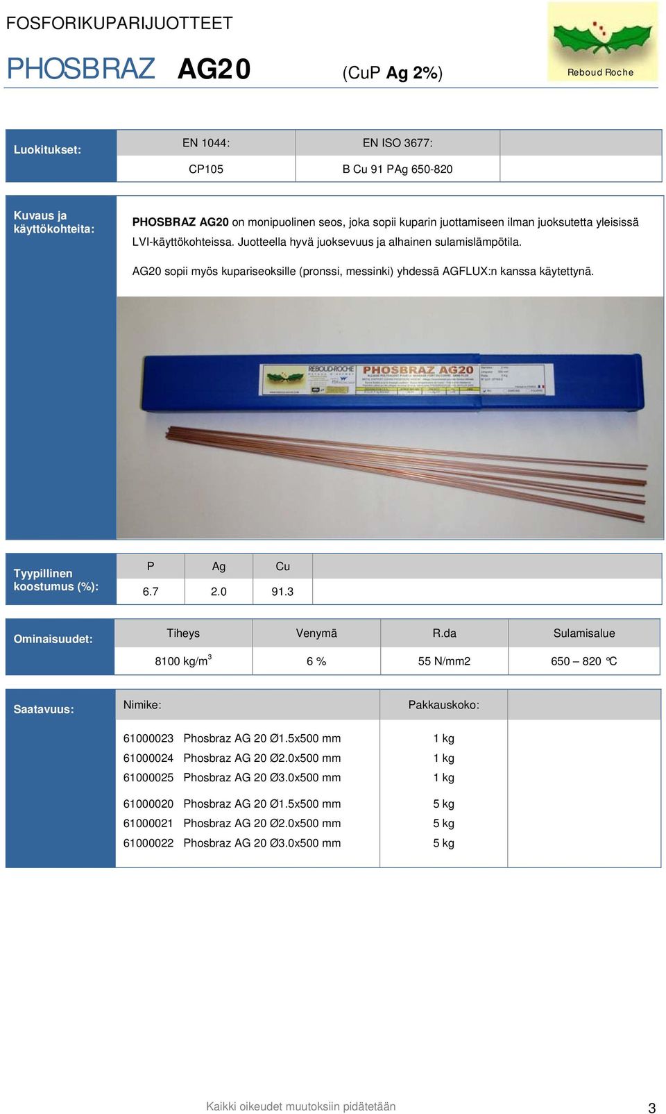 P Ag Cu 6.7 2.0 91.3 Tiheys Venymä R.da Sulamisalue 8100 kg/m 3 6 % 55 N/mm2 650 820 C 61000023 Phosbraz AG 20 Ø1.5x500 mm 61000024 Phosbraz AG 20 Ø2.