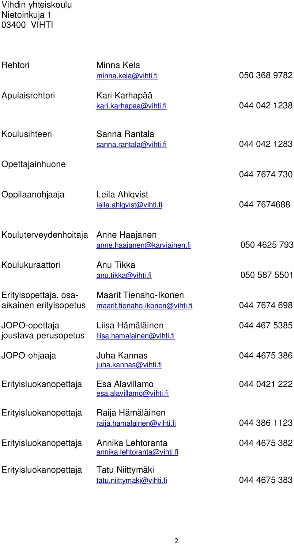 fi 044 7674688 Kouluterveydenhoitaja Anne Haajanen anne.haajanen@karviainen.fi 050 4625 793 Koulukuraattori Anu Tikka anu.tikka@vihti.