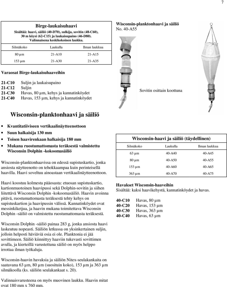 40-A55 Silmäkoko Laukulla Ilman laukkua 80 µm 21-A10 21-A15 153 µm 21-A30 21-A35 Varaosat Birge-laukaisuhaaveihin 21-C10 Suljin ja laukaisupaino 21-C12 Suljin 21-C30 Havas, 80 µm, kehys ja