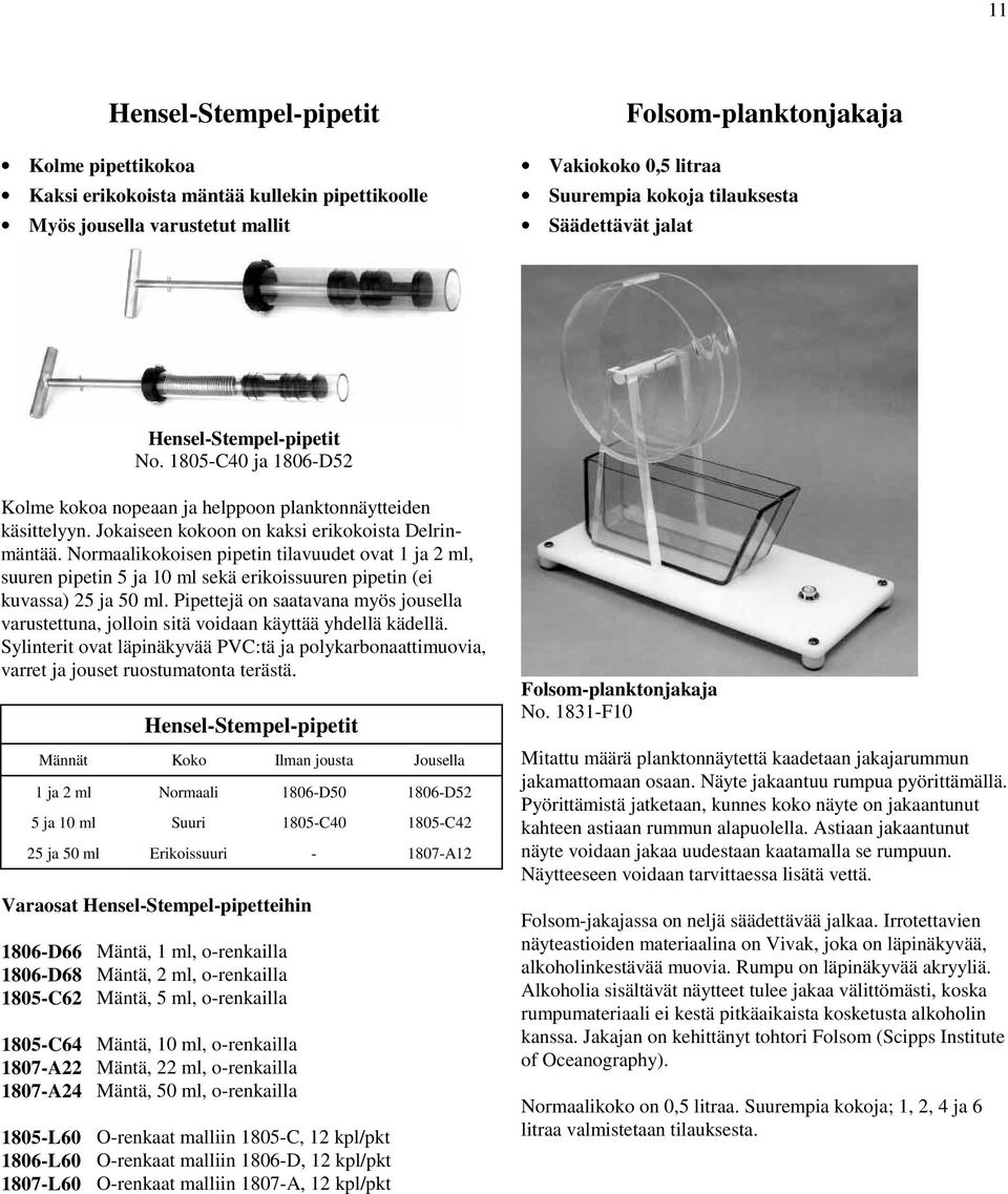 Normaalikokoisen pipetin tilavuudet ovat 1 ja 2 ml, suuren pipetin 5 ja 10 ml sekä erikoissuuren pipetin (ei kuvassa) 25 ja 50 ml.