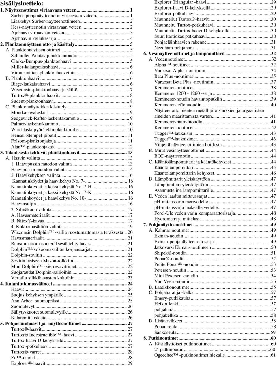 .. 5 Clarke-Bumpus-planktonhaavi... 5 Miller-kalanpoikashaavi... 6 Virtausmittari planktonhaaveihin... 6 B. Planktonhaavit... 6 Birge-laukaisuhaavi... 6 Wisconsin-planktonhaavi ja säiliö.