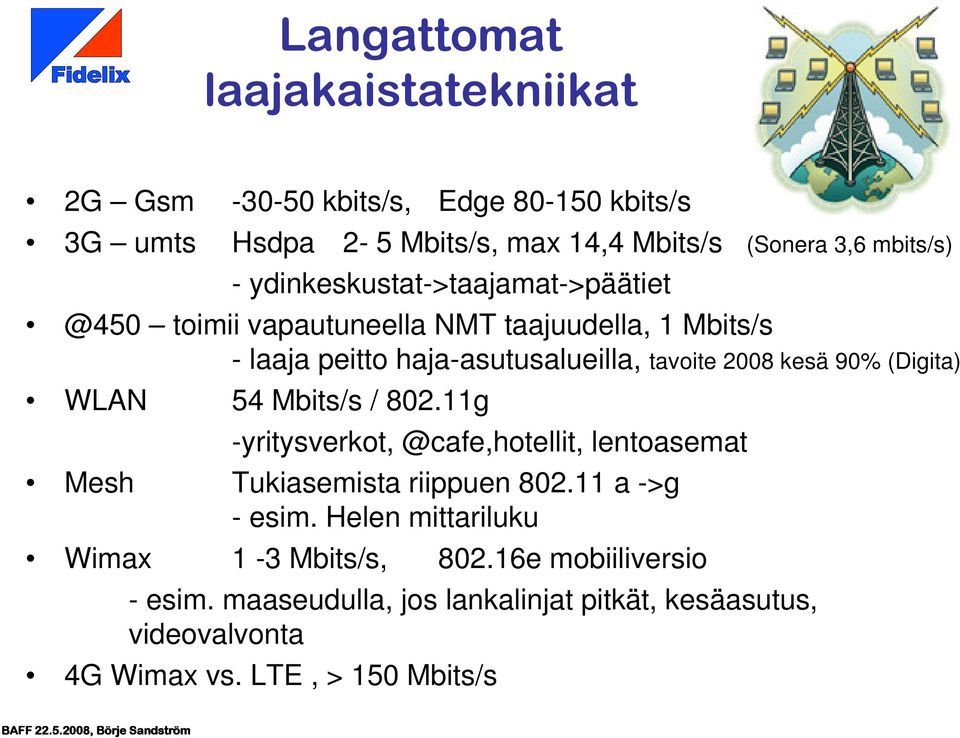 (Digita) WLAN 54 Mbits/s / 802.11g -yritysverkot, @cafe,hotellit, lentoasemat Mesh Tukiasemista riippuen 802.11 a ->g - esim.