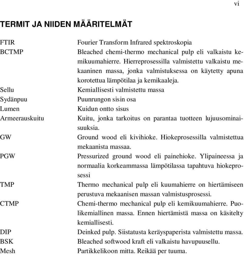 Kemiallisesti valmistettu massa Puunrungon sisin osa Kuidun ontto sisus Kuitu, jonka tarkoitus on parantaa tuotteen lujuusominaisuuksia. Ground wood eli kivihioke.