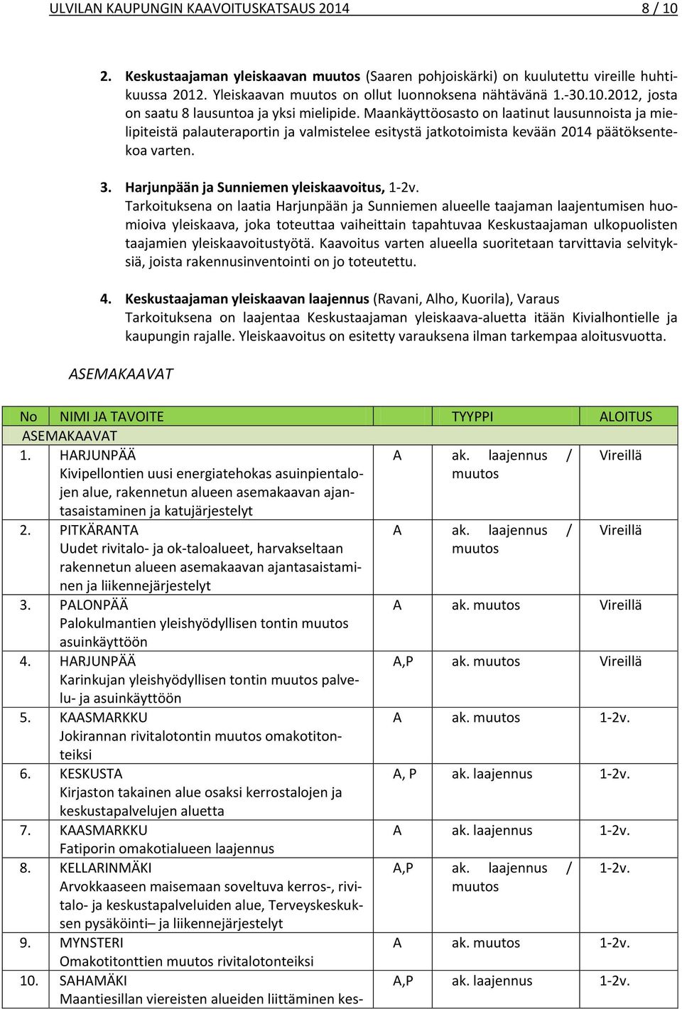 Maankäyttöosasto on laatinut lausunnoista ja mielipiteistä palauteraportin ja valmistelee esitystä jatkotoimista kevään 2014 päätöksentekoa varten. 3. Harjunpään ja Sunniemen yleiskaavoitus, 1-2v.