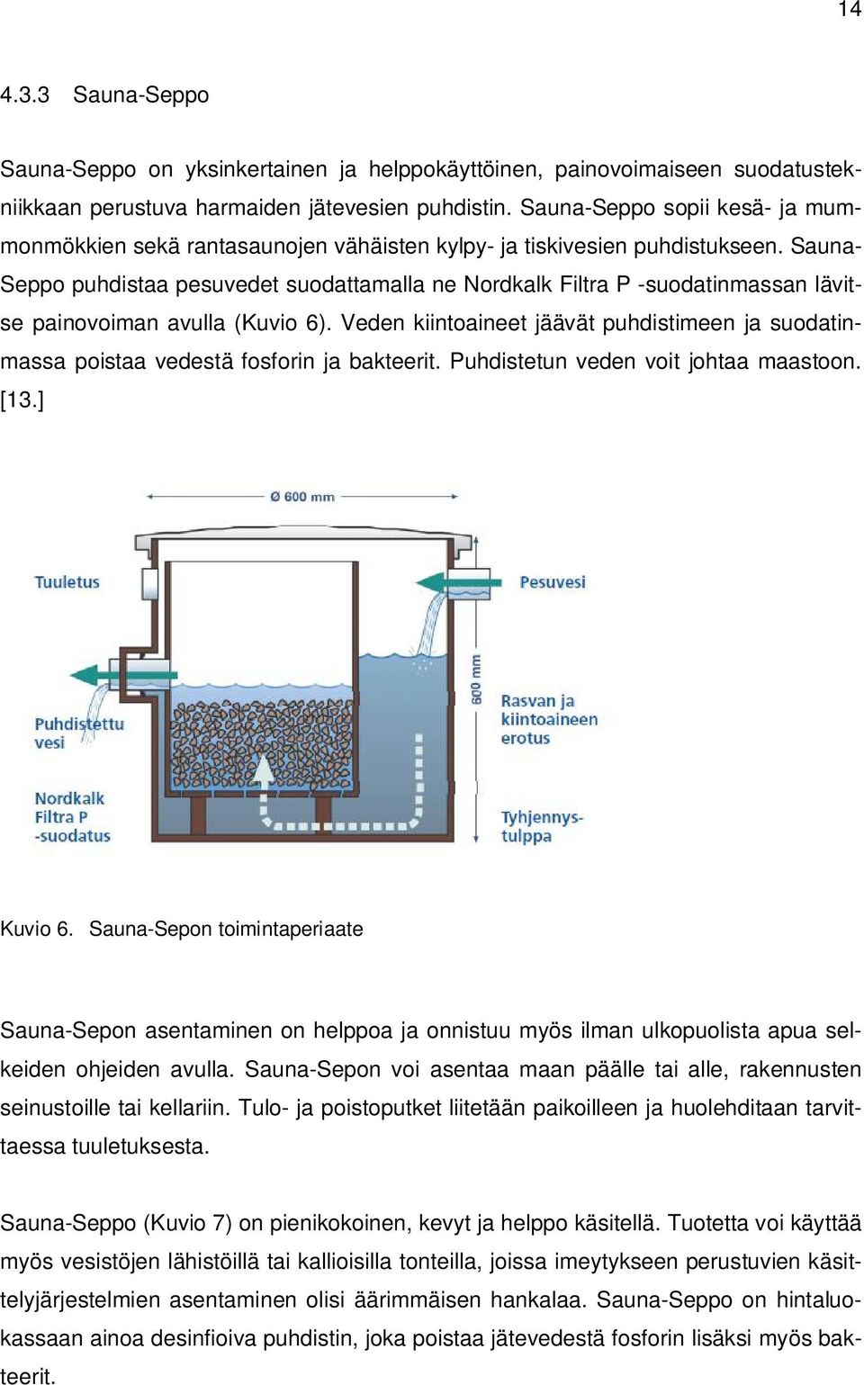 Sauna- Seppo puhdistaa pesuvedet suodattamalla ne Nordkalk Filtra P -suodatinmassan lävitse painovoiman avulla (Kuvio 6).