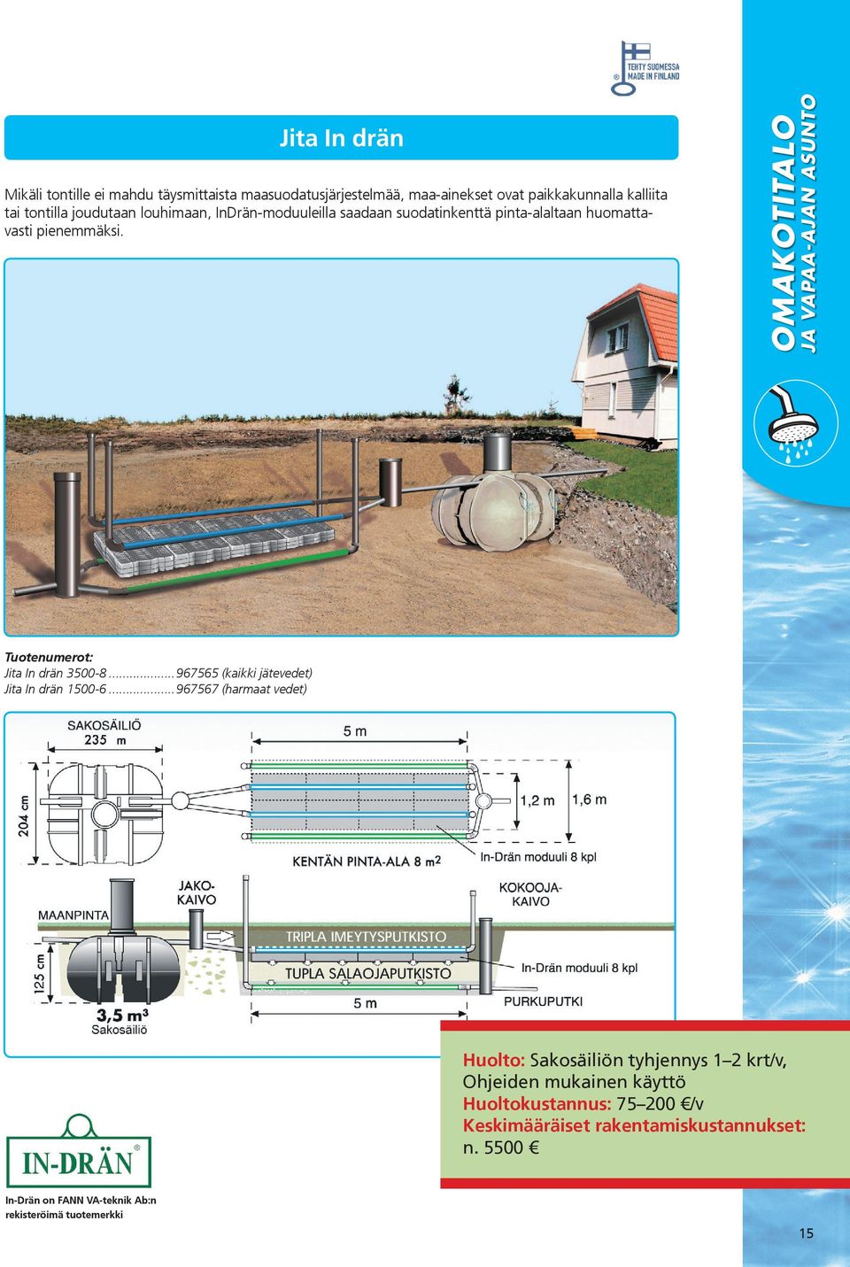 OMAKOTITALO JA VAPAA-AJAN ASUNTO Tuotenumerot: Jita In drän 3500-8...967565 (kaikki jätevedet) Jita In drän 1500-6.