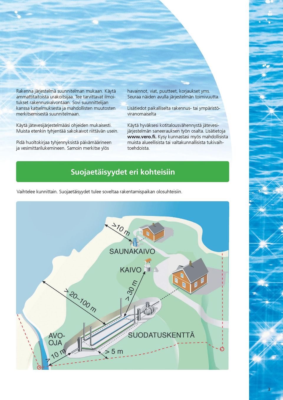 Käytä jätevesijärjestelmääsi ohjeiden mukaisesti. Muista etenkin tyhjentää sakokaivot riittävän usein. Käytä hyväksesi kotitalousvähennystä jätevesijärjestelmän saneerauksen työn osalta.