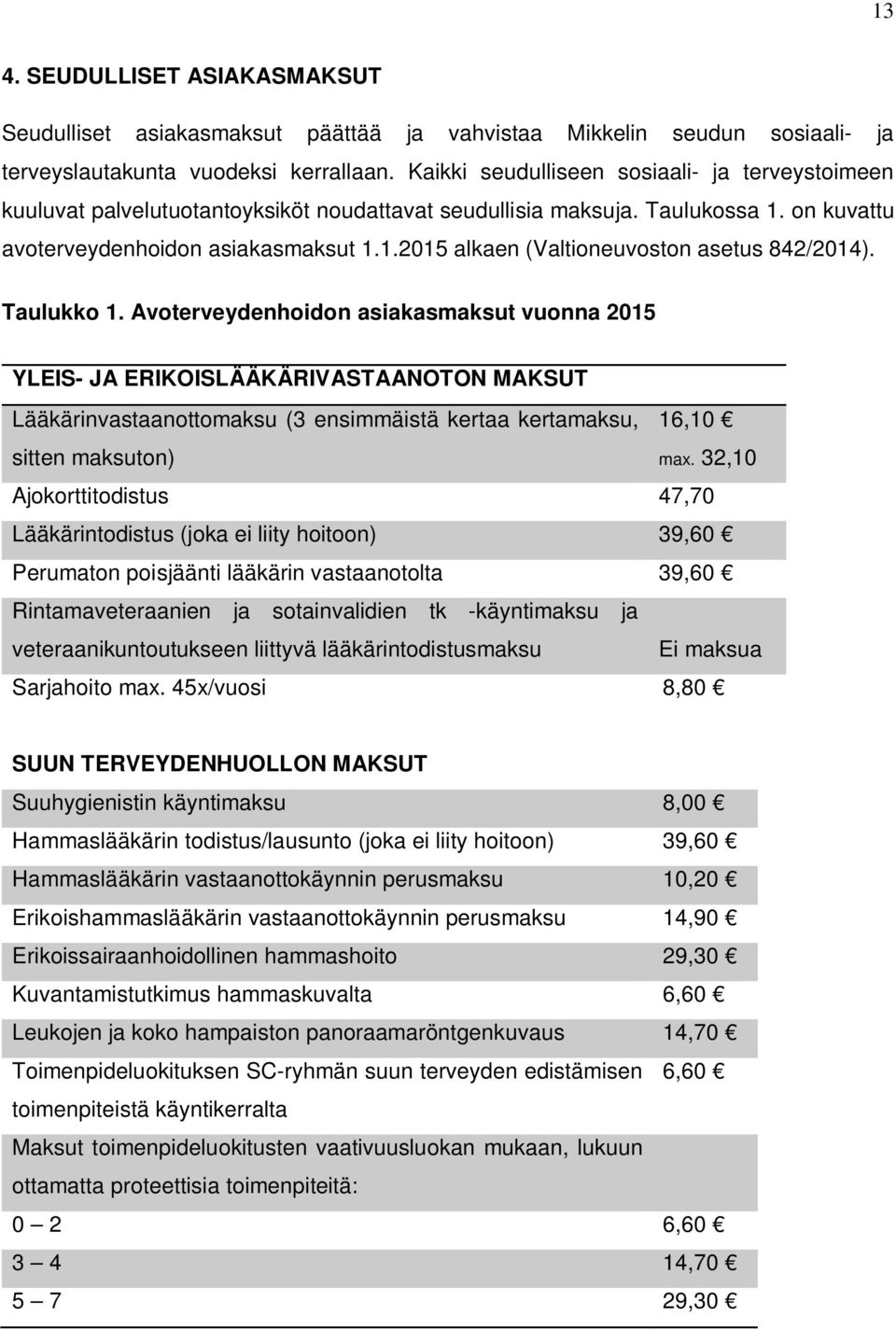 Taulukko 1. Avoterveydenhoidon asiakasmaksut vuonna 2015 YLEIS- JA ERIKOISLÄÄKÄRIVASTAANOTON MAKSUT Lääkärinvastaanottomaksu (3 ensimmäistä kertaa kertamaksu, sitten maksuton) 16,10 max.