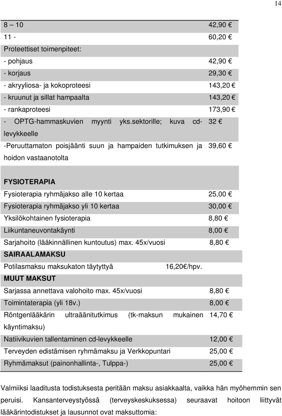 sektorille; kuva cdlevykkeelle 32 -Peruuttamaton poisjäänti suun ja hampaiden tutkimuksen ja 39,60 hoidon vastaanotolta FYSIOTERAPIA Fysioterapia ryhmäjakso alle 10 kertaa 25,00 Fysioterapia