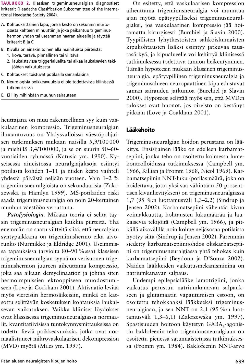 Kivulla on ainakin toinen alla mainituista piirteistä: 1. kova, terävä, pinnallinen tai viiltävä 2. laukaistavissa triggerialueilta tai alkaa laukaisevien tekijöiden vaikutuksesta C.