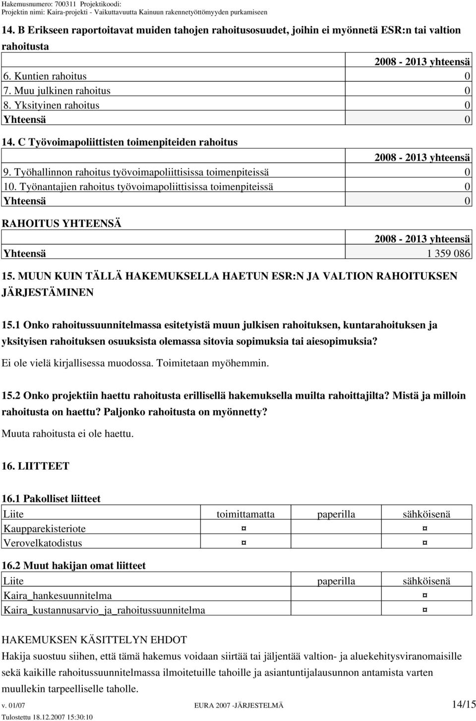 Työnantajien rahoitus työvoimapoliittisissa toimenpiteissä 0 Yhteensä 0 RAHOITUS YHTEENSÄ 2008-2013 yhteensä Yhteensä 1 359 086 15.